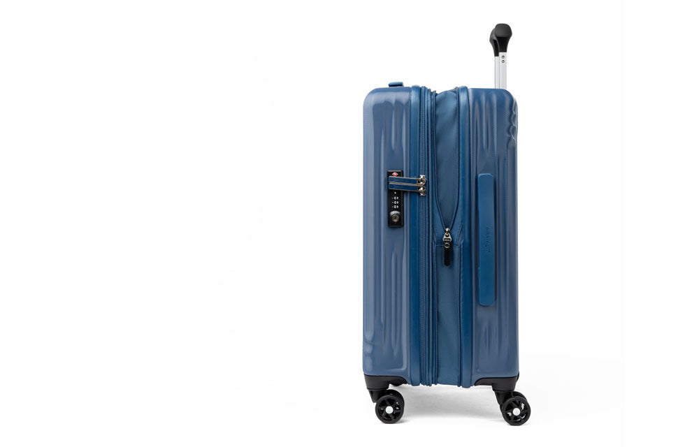 Hard shell Maxlite Air expandable carry on luggage with wheels in Blue.