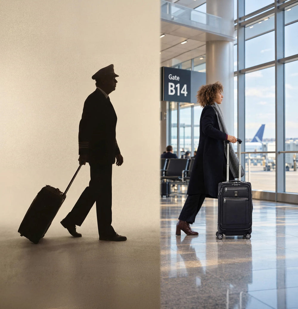 A pilot pulling a carry-on beside a traveler with a Platinum Elite carry-on at the gate