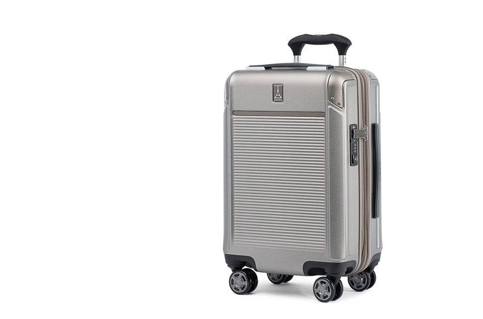Platinum Elite rolling hard sided luggage in Metallic Sand.