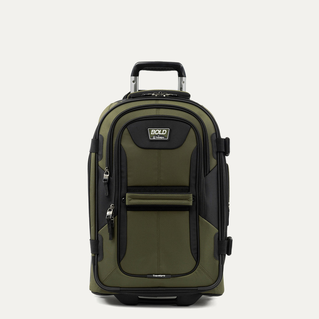 Front view of Travelpro Bold 22-inch Expandable Rollaboard Carry-On in Olive Black, featuring rugged high-density polyester fabric and a telescoping aircraft-grade aluminum handle