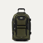 Front view of Travelpro Bold 22-inch Expandable Rollaboard Carry-On in Olive Black, featuring rugged high-density polyester fabric and a telescoping aircraft-grade aluminum handle