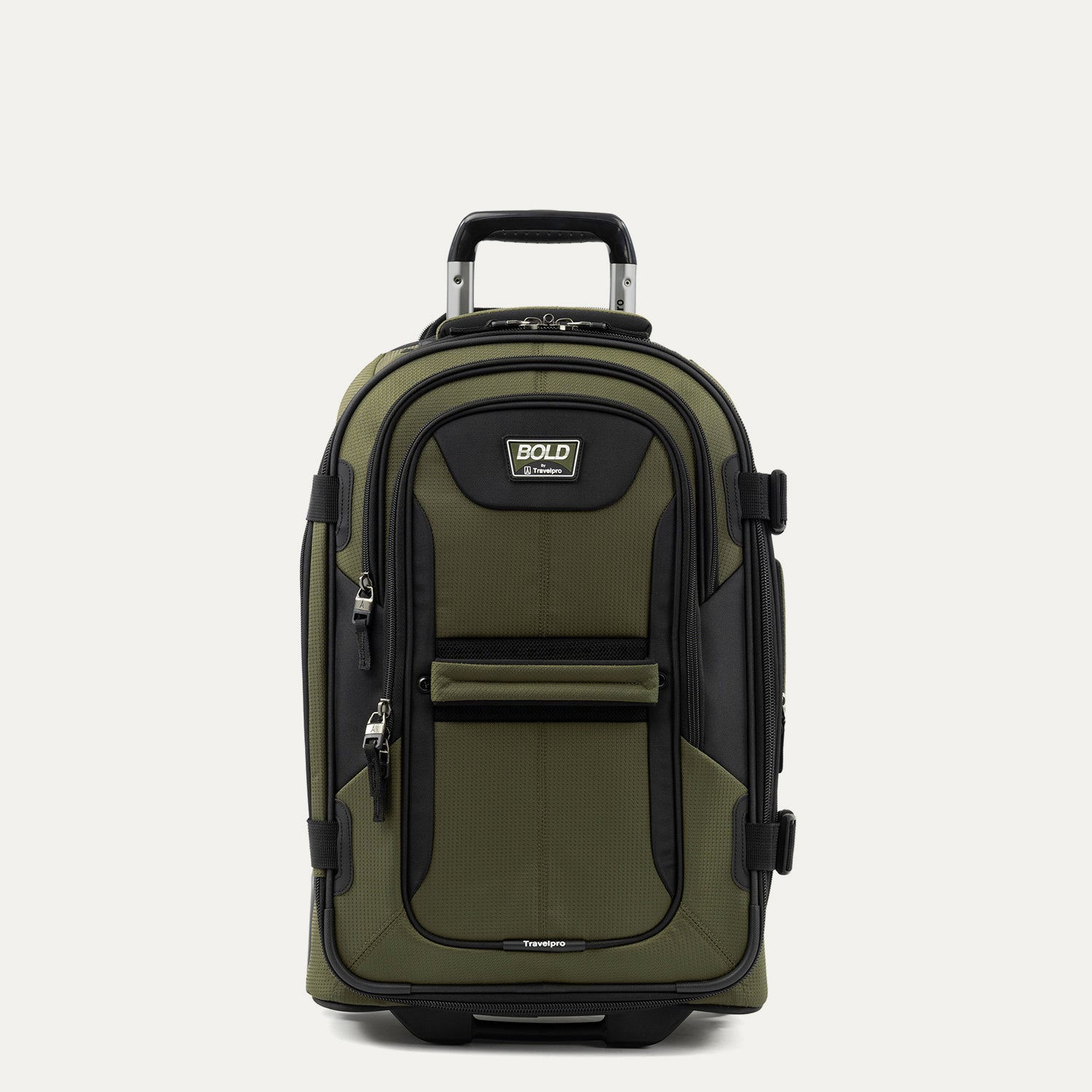 Front view of Travelpro Bold 22-inch Expandable Rollaboard Carry-On in Olive Black, featuring rugged high-density polyester fabric and a telescoping aircraft-grade aluminum handle