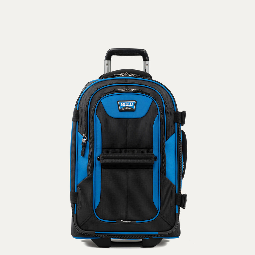 Front view of Travelpro Bold Carry-On Expandable Rollaboard in Blue Black, featuring an exterior padded tablet sleeve and a high-density polyester fabric with water-repellent coating