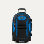 Front view of Travelpro Bold Carry-On Expandable Rollaboard in Blue Black, featuring an exterior padded tablet sleeve and a high-density polyester fabric with water-repellent coating