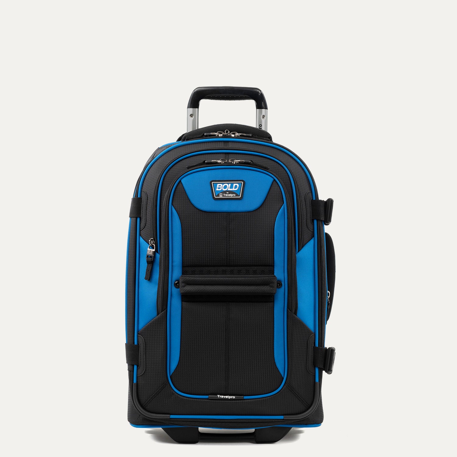 Front view of Travelpro Bold Carry-On Expandable Rollaboard in Blue Black, featuring an exterior padded tablet sleeve and a high-density polyester fabric with water-repellent coating