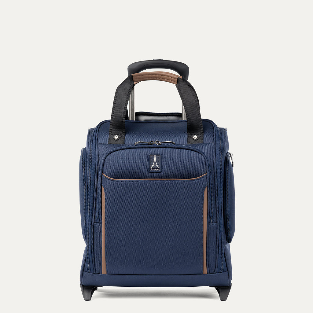 Front view of Travelpro Crew Classic Rolling UnderSeat Carry-On in Patriot Blue, featuring a compact frame for airline under-seat storage and durable ball bearing wheels