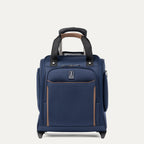 Front view of Travelpro Crew Classic Rolling UnderSeat Carry-On in Patriot Blue, featuring a compact frame for airline under-seat storage and durable ball bearing wheels