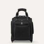 Front view of Travelpro Crew Classic Rolling UnderSeat Carry-On in Black, featuring high-performance ball bearing wheels and a compact design for airline under-seat storage