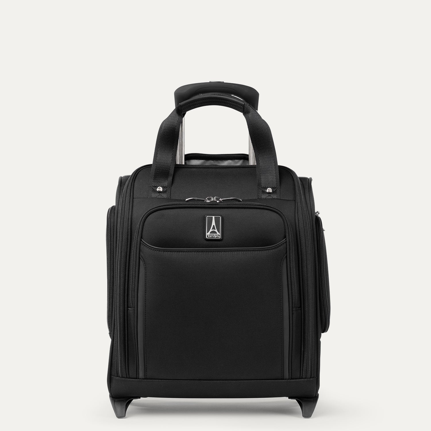 Front view of Travelpro Crew Classic Rolling UnderSeat Carry-On in Black, featuring high-performance ball bearing wheels and a compact design for airline under-seat storage