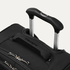 close-up view of the black travelpro maxlite® 5 carry-on spinner, showing the cushioned top carry handle with the travelpro logo and the rubberized contour grip on the powerscope lite extension handle.