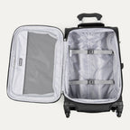 interior view of the open black travelpro maxlite® 5 carry-on spinner, showing the lightweight grey lining, a large zippered mesh lid pocket, and adjustable hold-down straps to keep clothes organized.