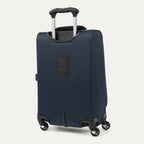 rear-angled view of the midnight blue travelpro maxlite® 5 carry-on spinner, showing the integrated trolley strap for secure stacking and the height-adjustable powerscope lite extension handle.