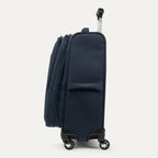 side profile view of the midnight blue travelpro maxlite® 5 carry-on spinner, showing the tapered expansion zipper for extra packing capacity, the side carry handle, and the 360-degree spinner wheels.