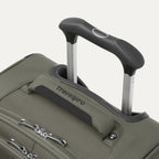 close-up view of the slate green travelpro maxlite® 5 carry-on spinner, showing the cushioned top carry handle with the travelpro logo and the rubberized contour grip on the powerscope lite extension handle.