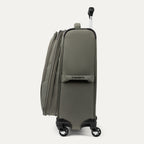 rear-angled view of the slate green travelpro maxlite® 5 carry-on spinner, showing the integrated trolley strap for secure stacking and the height-adjustable powerscope lite extension handle.