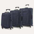 a three-piece luggage set featuring the midnight blue travelpro maxlite® 5 carry-on, medium, and large expandable spinners arranged together in a group view.