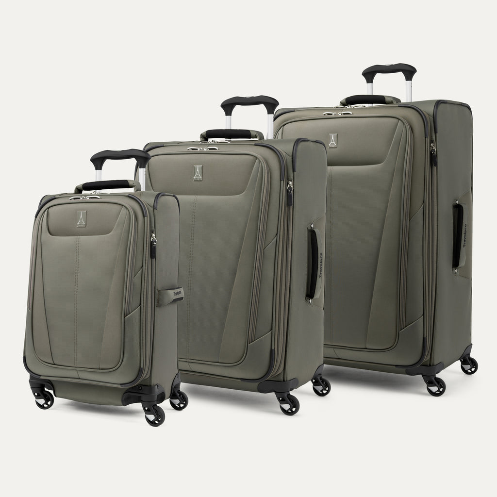 a three-piece luggage set featuring the slate green travelpro maxlite® 5 carry-on, medium, and large expandable spinners arranged together in a group shot.