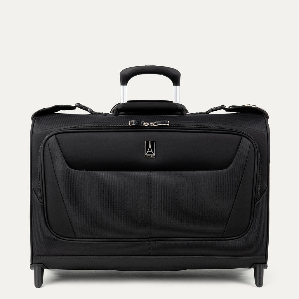 Front view of Travelpro Maxlite 5 Rolling Carry-On Garment Bag in Black, featuring a lay-flat design for suits and dresses, durable ball bearing wheels, and a PowerScope Lite extension handle.