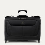 Front view of Travelpro Maxlite 5 Rolling Carry-On Garment Bag in Black, featuring a lay-flat design for suits and dresses, durable ball bearing wheels, and a PowerScope Lite extension handle.