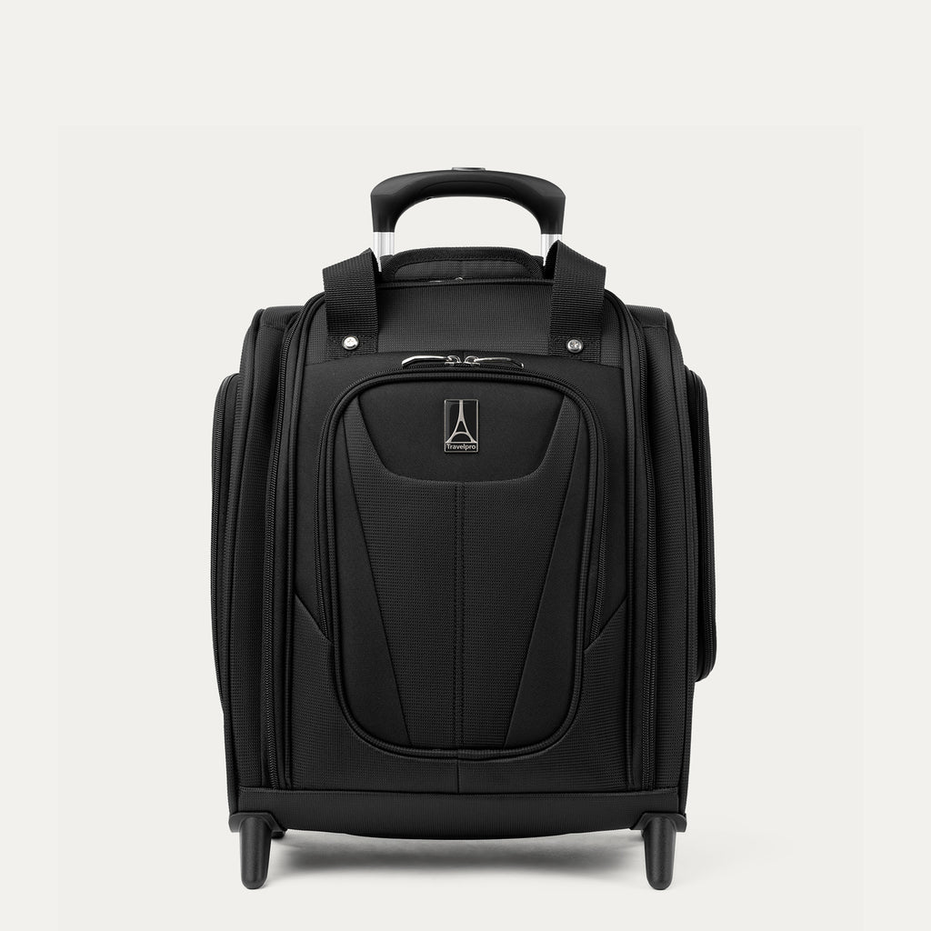 "Front view of Travelpro Maxlite 5 Carry-On Rolling Underseat Bag in Black, showing the compact profile, front organizational pocket, and retractable PowerScope Lite handle."