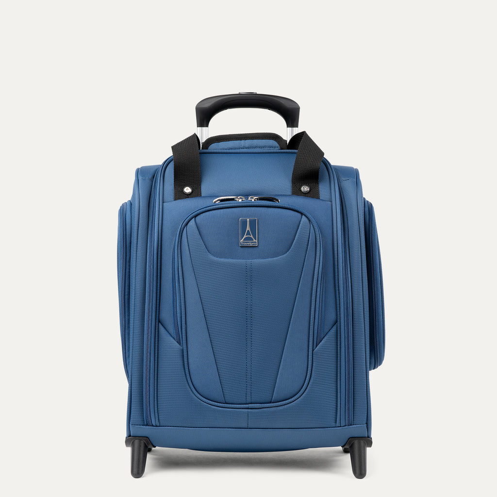 Front view of Travelpro Maxlite 5 Carry-On Rolling Underseat Bag in Ensign Blue, featuring a compact design with a padded laptop sleeve and high-performance ball bearing wheels.