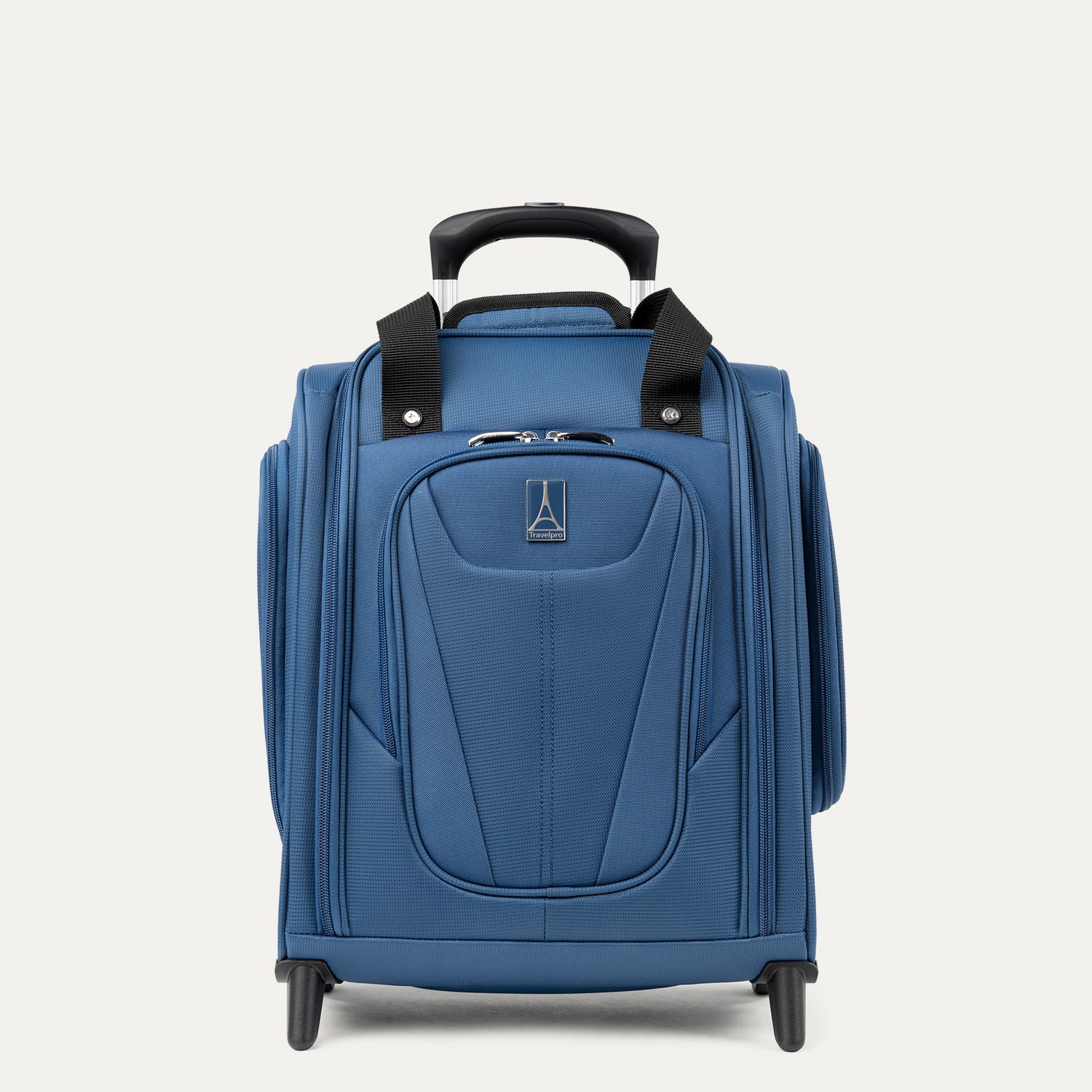 Front view of Travelpro Maxlite 5 Carry-On Rolling Underseat Bag in Ensign Blue, featuring a compact design with a padded laptop sleeve and high-performance ball bearing wheels.