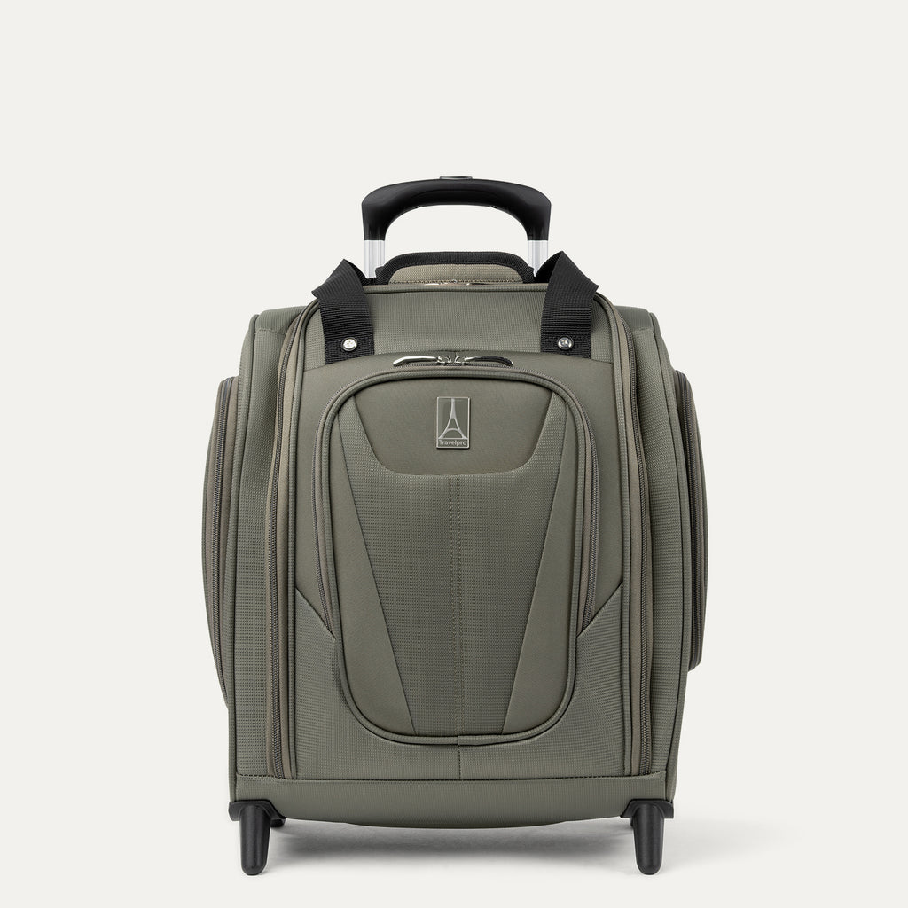 "Front view of Travelpro Maxlite 5 Carry-On Rolling Underseat Bag in Slate Green, featuring a water-resistant DuraGuard coating and a lightweight PowerScope Lite handle."
