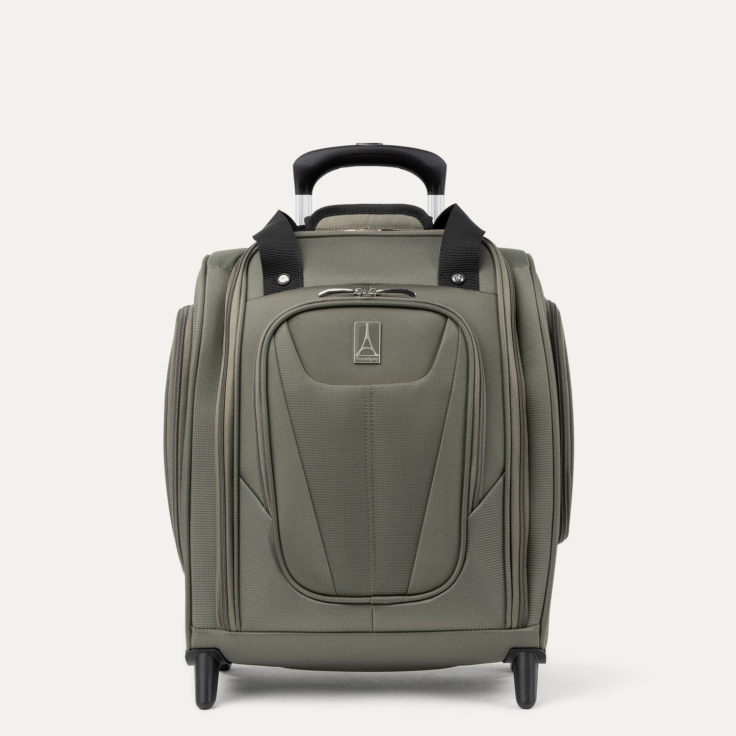 "Front view of Travelpro Maxlite 5 Carry-On Rolling Underseat Bag in Slate Green, featuring a water-resistant DuraGuard coating and a lightweight PowerScope Lite handle."