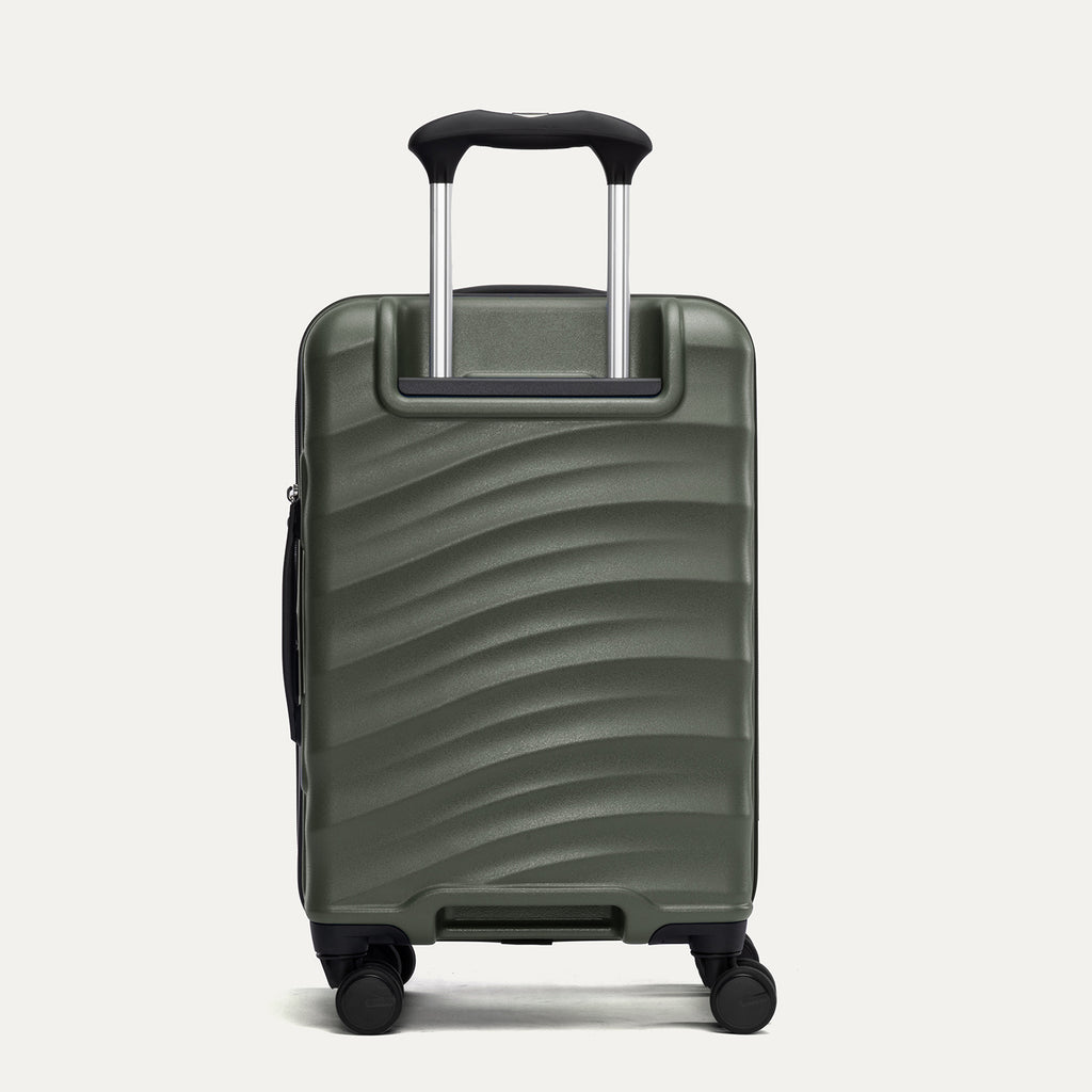 rear view of the slate green travelpro maxlite® air v2 compact carry-on spinner, showing the ribbed polycarbonate hardside shell and the height-adjustable powerscope lite extension handle.