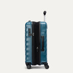 side profile view of the teal travelpro maxlite® air v2 compact carry-on spinner, showing the integrated tsa-approved lock, side carry handle, and the zippered expansion feature.