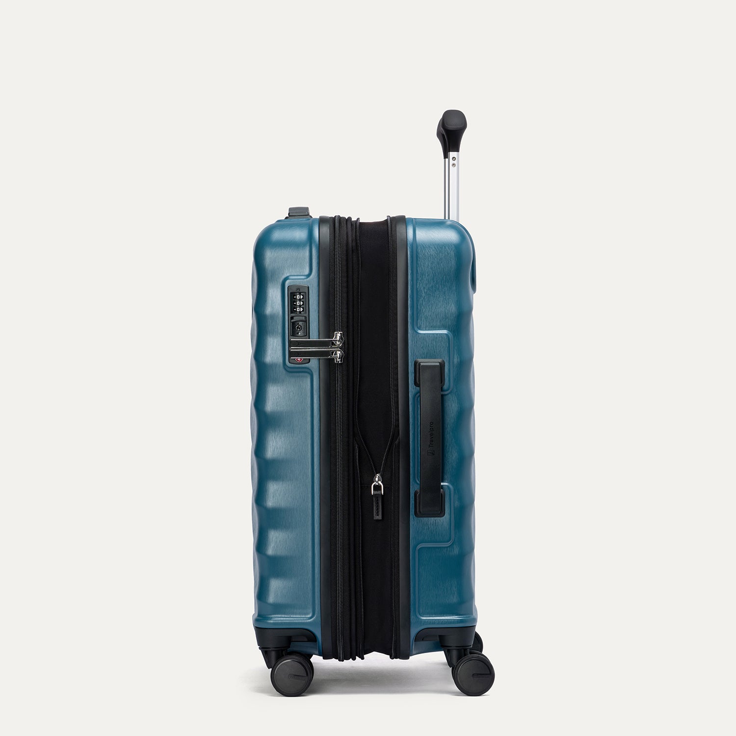 side profile view of the teal travelpro maxlite® air v2 compact carry-on spinner, showing the integrated tsa-approved lock, side carry handle, and the zippered expansion feature.