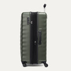 side profile view of the slate green travelpro maxlite® air v2 large check-in spinner, showing the integrated tsa-approved lock, side carry handle, and the zippered expansion feature.
