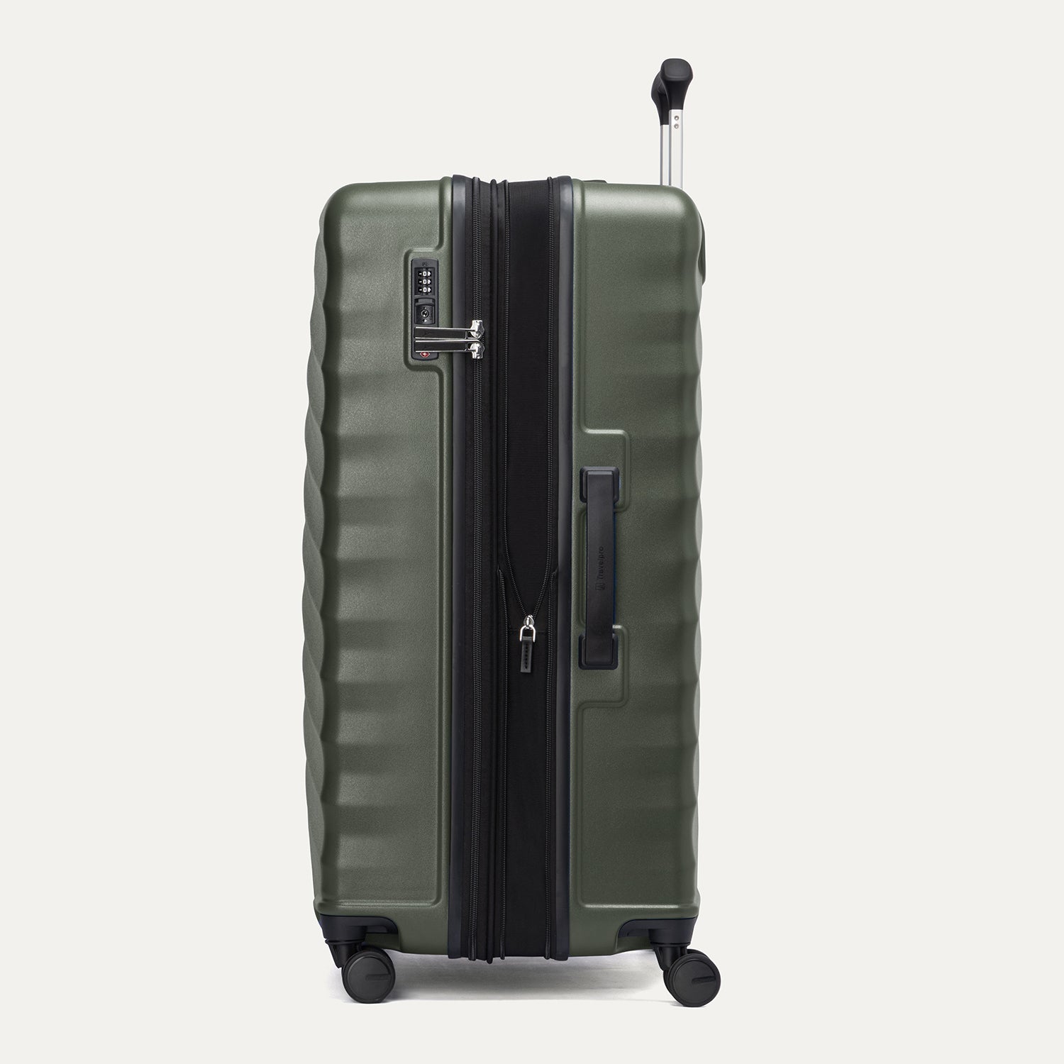 side profile view of the slate green travelpro maxlite® air v2 large check-in spinner, showing the integrated tsa-approved lock, side carry handle, and the zippered expansion feature.