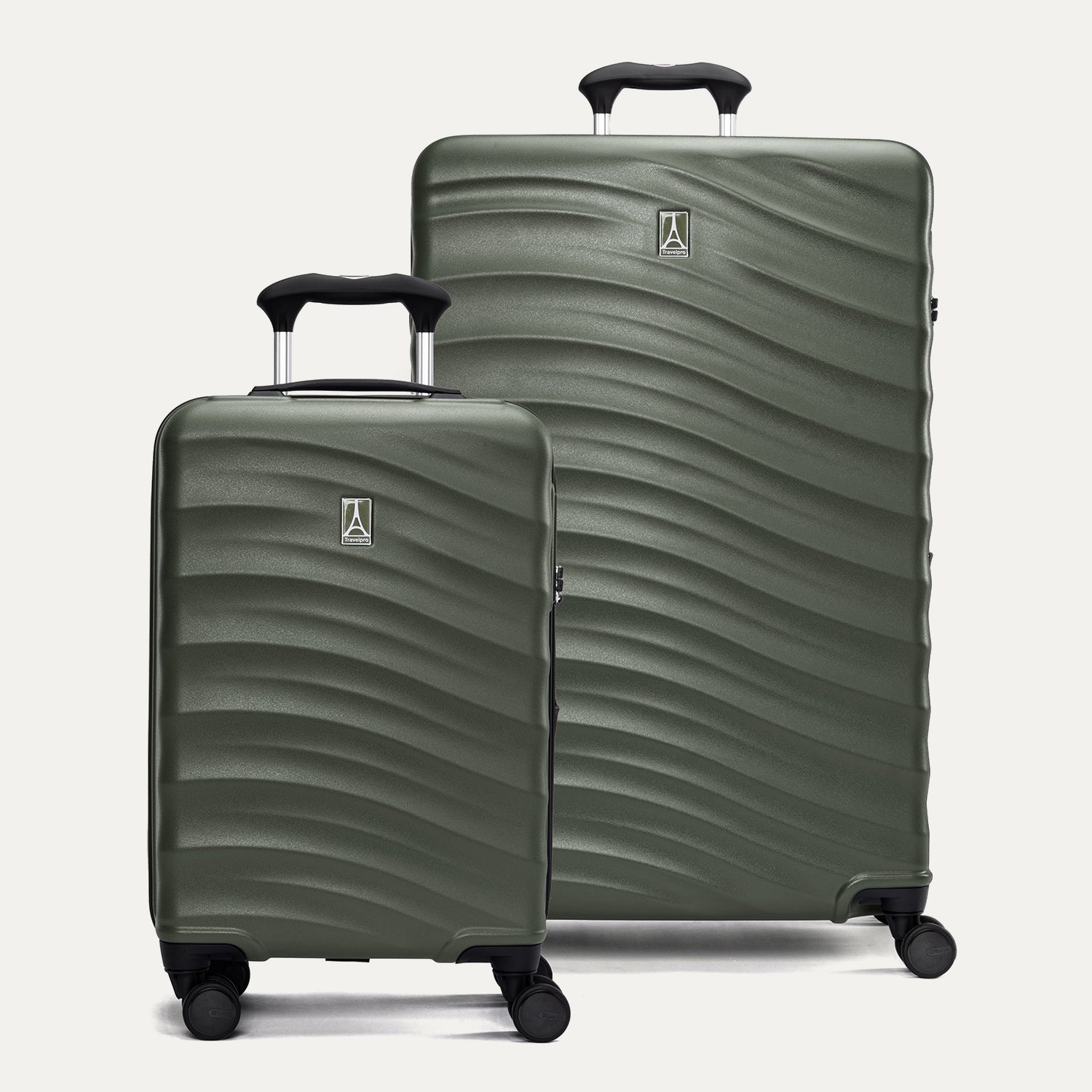 a two-piece hardside luggage set featuring the slate green travelpro maxlite® air v2 compact carry-on and large check-in spinners arranged together in a group view.