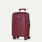three-quarter front view of the tibetan red travelpro optima® expandable carry-on hardside spinner, showing the side-mounted tsa-approved lock, integrated side handle, and smooth-rolling spinner wheels.