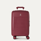 front view of the tibetan red travelpro optima expandable carry-on hardside spinner, featuring a durable polypropylene shell with horizontal ribbing and a color-matched telescoping handle.