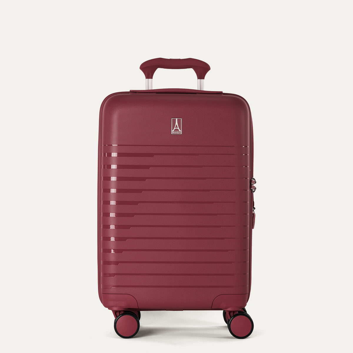 front view of the tibetan red travelpro optima expandable carry-on hardside spinner, featuring a durable polypropylene shell with horizontal ribbing and a color-matched telescoping handle.
