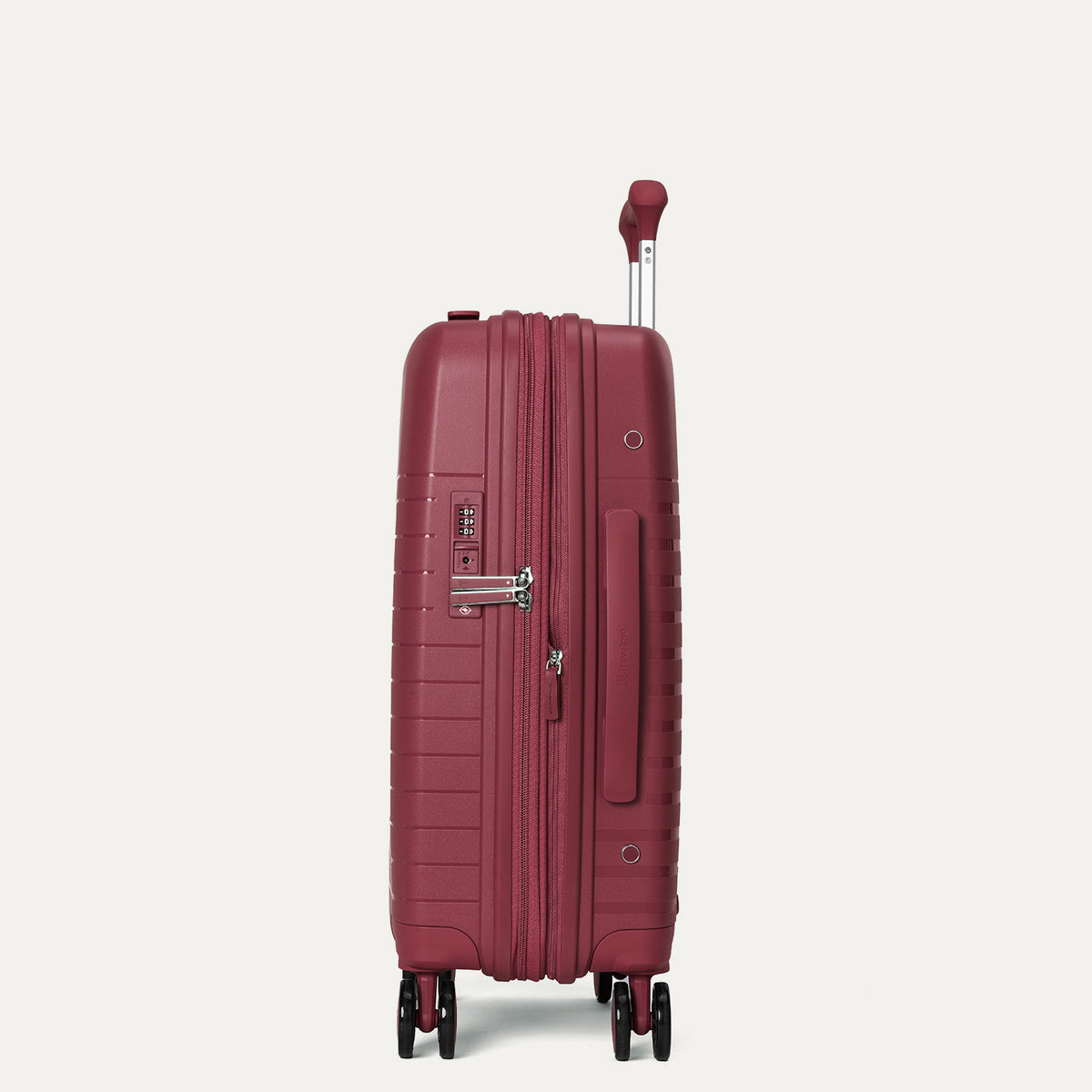 side profile view of the tibetan red travelpro optima® expandable carry-on hardside spinner, highlighting the integrated tsa-approved combination lock, flush-mount side carry handle, and the zippered expansion seam.