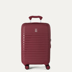 front view of the tibetan red travelpro optima® expandable compact carry-on hardside spinner, featuring a durable polypropylene shell with horizontal ribbing and a color-matched telescoping handle.