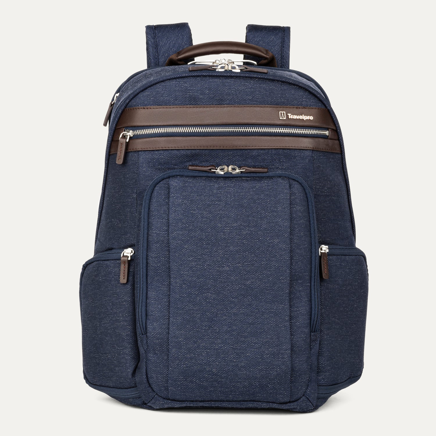 front-facing hero view of the true navy travelpro platinum elite business laptop backpack 27l, featuring a navy blue high-density fabric exterior with premium dark brown leather trim on the pockets and top handle.