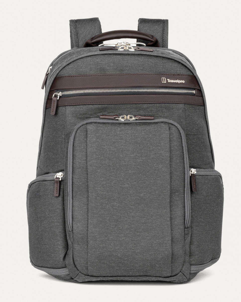 front-facing hero view of the vintage grey travelpro platinum elite business laptop backpack 27l, featuring a heathered grey high-density fabric exterior with premium dark brown leather trim on the pockets and top handle.