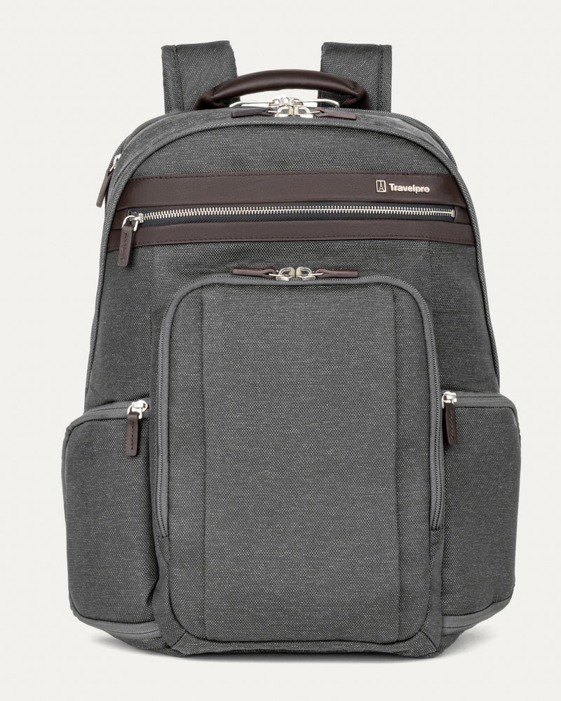 front-facing hero view of the vintage grey travelpro platinum elite business laptop backpack 27l, featuring a heathered grey high-density fabric exterior with premium dark brown leather trim on the pockets and top handle.