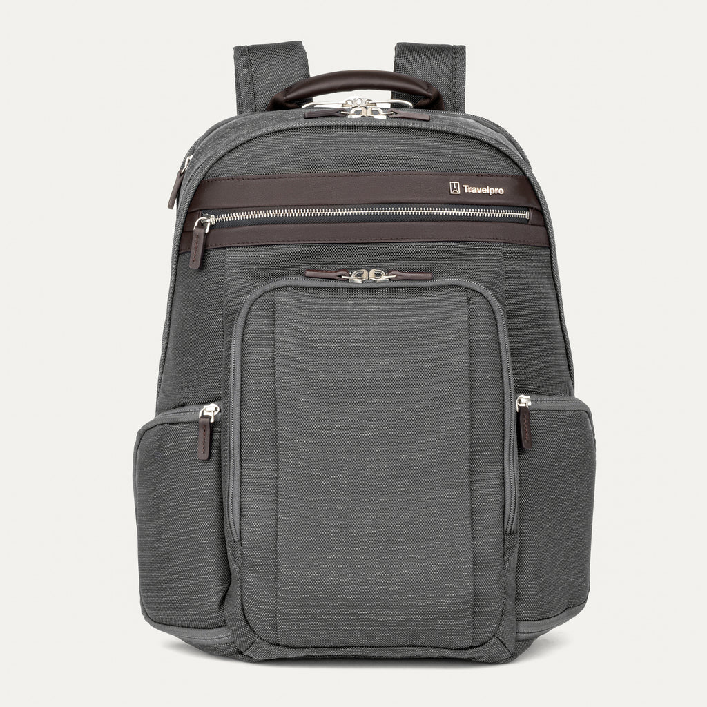 front-facing hero view of the vintage grey travelpro platinum elite business laptop backpack 27l, featuring a heathered grey high-density fabric exterior with premium dark brown leather trim on the pockets and top handle.
