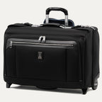 front-angled view of the shadow black travelpro platinum® elite carry-on rolling garment bag, showing the low-profile design, large front organizer pocket, and the airline-grade powerscope extension handle.
