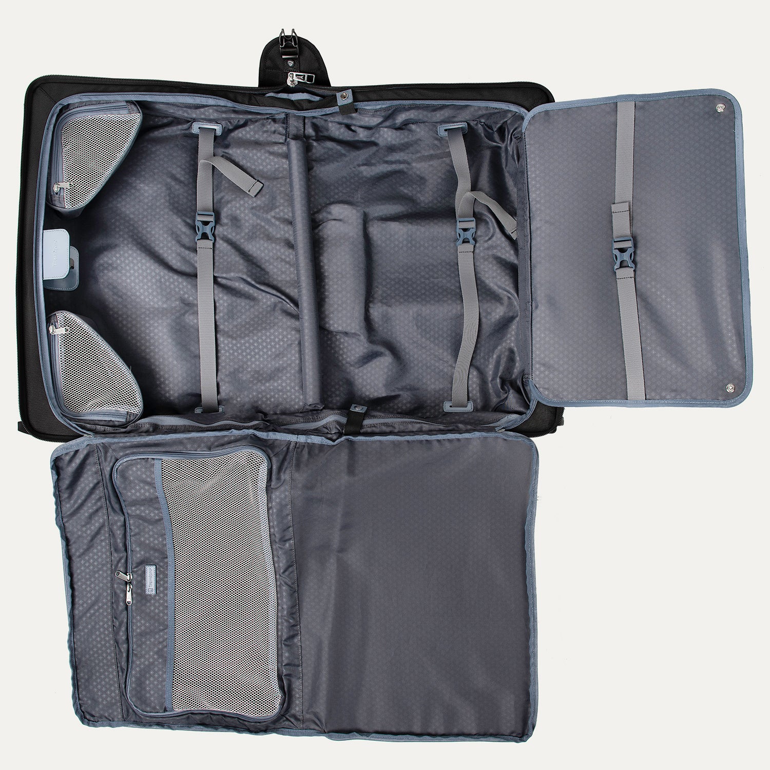 full interior view of the shadow black travelpro platinum® elite carry-on rolling garment bag opened flat, showing the grey patterned lining, multiple mesh organizational pockets, and a fold-out extension panel for longer garments.