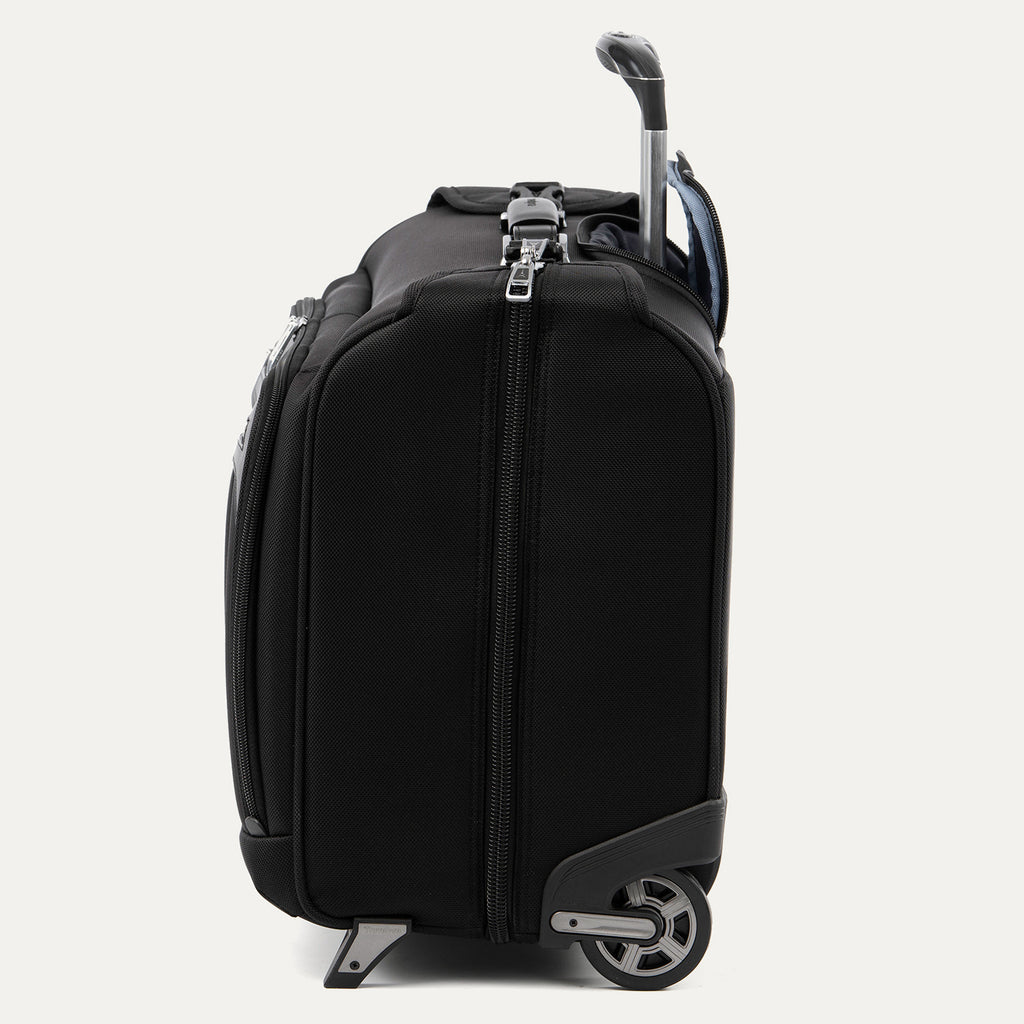side profile view of the shadow black travelpro platinum® elite carry-on rolling garment bag, showing the high-performance ball-bearing wheels, bottom stabilizer feet, and the extended powerscope handle.