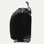 side profile view of the shadow black travelpro platinum® elite carry-on rolling garment bag, showing the high-performance ball-bearing wheels, bottom stabilizer feet, and the extended powerscope handle.