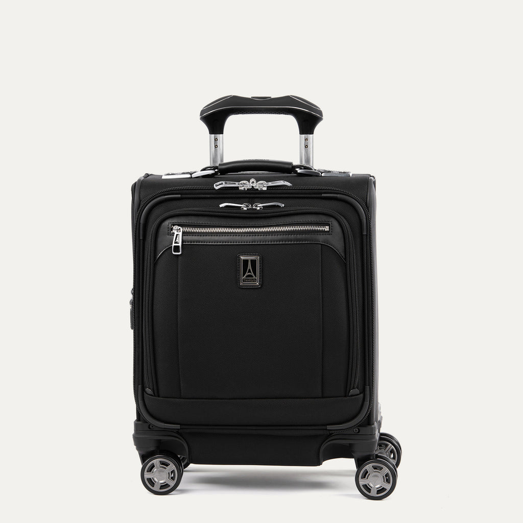 front hero view of the shadow black travelpro platinum® elite carry-on spinner tote, showing the compact softside design, dual front zippered pockets, leather trim, and extended powerscope handle.