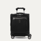 front hero view of the shadow black travelpro platinum® elite carry-on spinner tote, showing the compact softside design, dual front zippered pockets, leather trim, and extended powerscope handle.