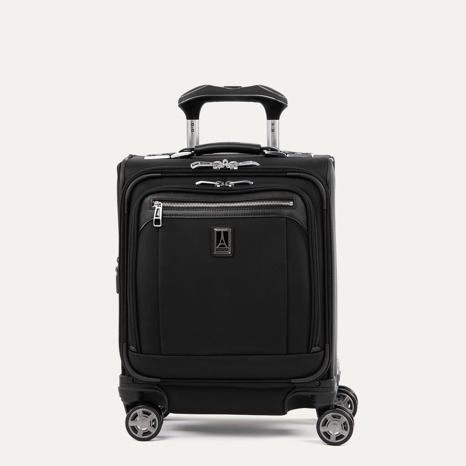 front hero view of the shadow black travelpro platinum® elite carry-on spinner tote, showing the compact softside design, dual front zippered pockets, leather trim, and extended powerscope handle.